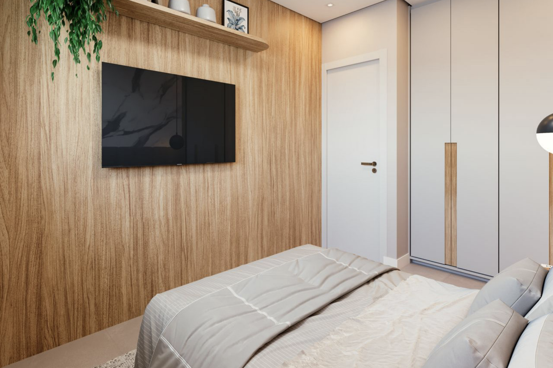 Quarto do studio com painel de madeira e TV